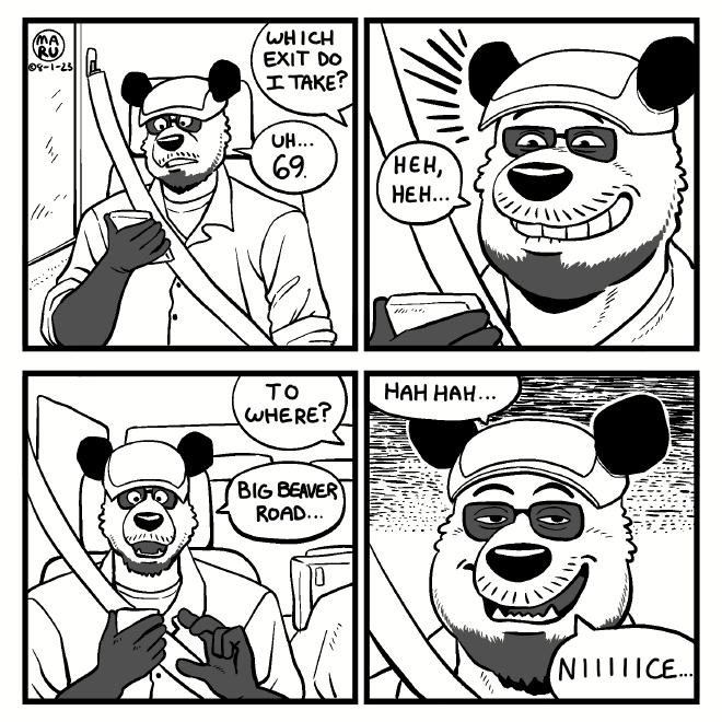 Maru Panda laughing at exit 69